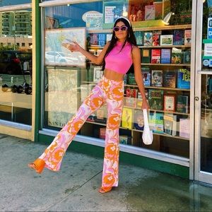 ZARA 70s retro flare pants, pink & orange
